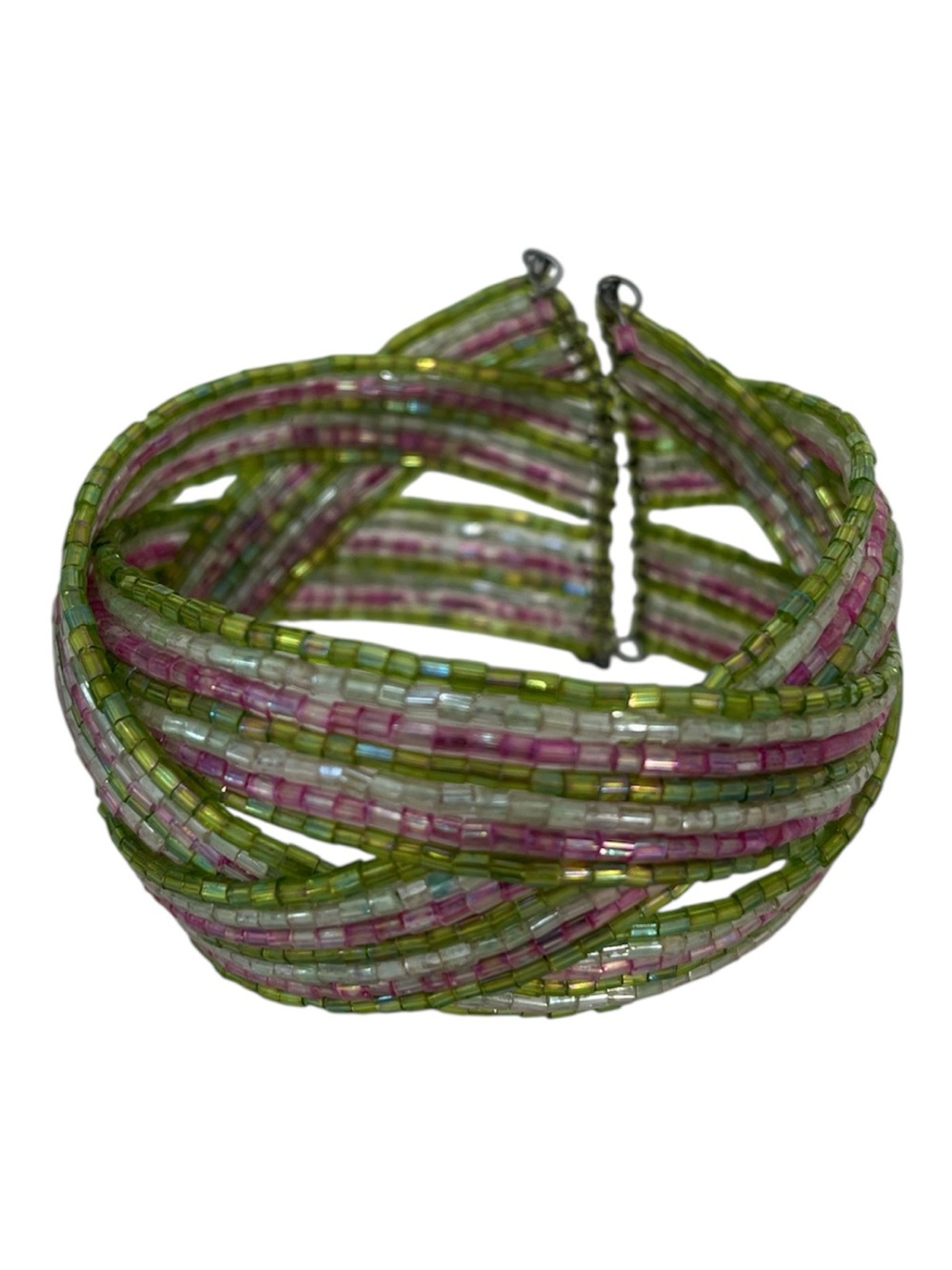 Interwoven Pink Green Clear Multi Strand Seed Bead Memory Wire Cuff Bracelet